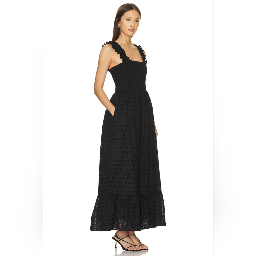 Bobi Eyelet Maxi Smocked Square Neck Dress Sz XS Black